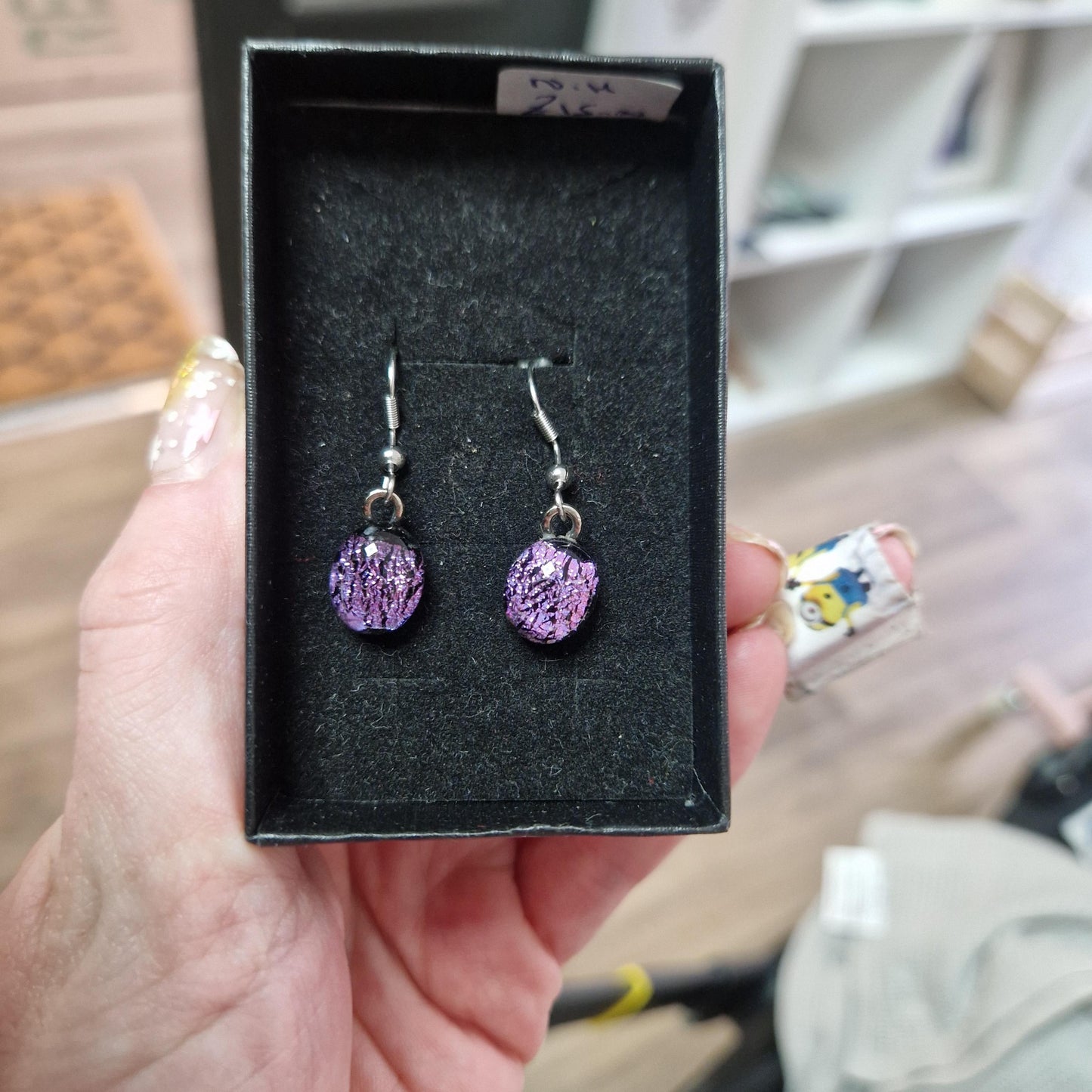 Handmade Round Purple Glass Dangly Earrings NH
