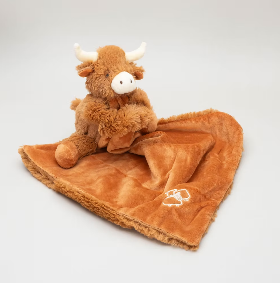 Brown Horny Highland Cow Soft Toy Baby Soother 29cm X 29cm
