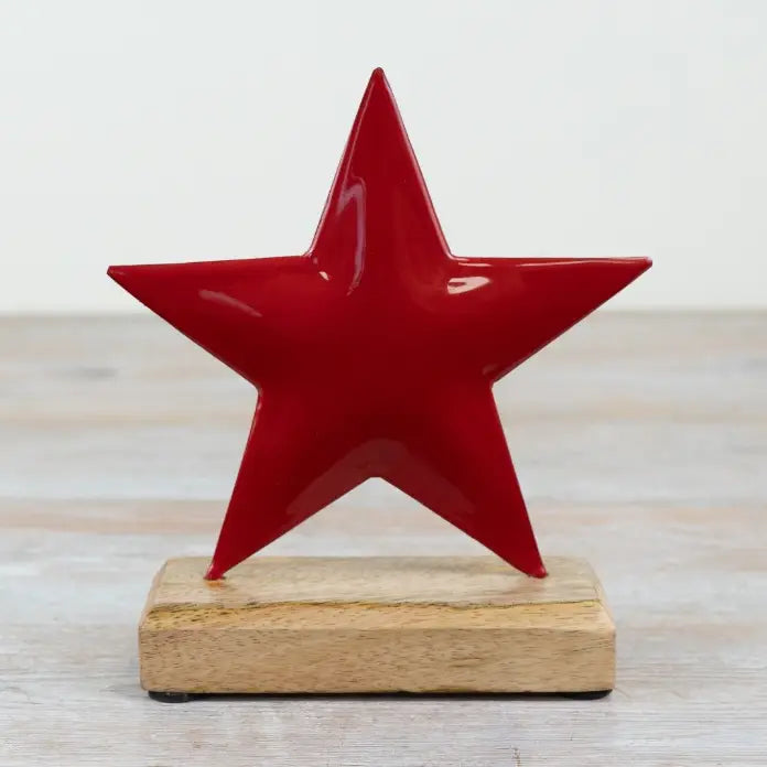 Red Iron Star On Wood Base, 16cm