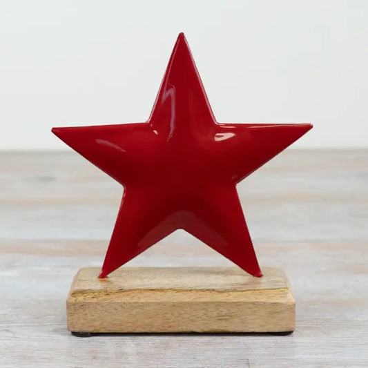 Red Iron Star On Wood Base, 16cm