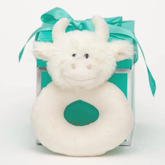 Highland Cow Baby Plush Soft Toy Rattle Cream - 10cm
