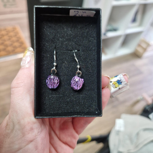 Handmade Round Purple Glass Dangly Earrings NH