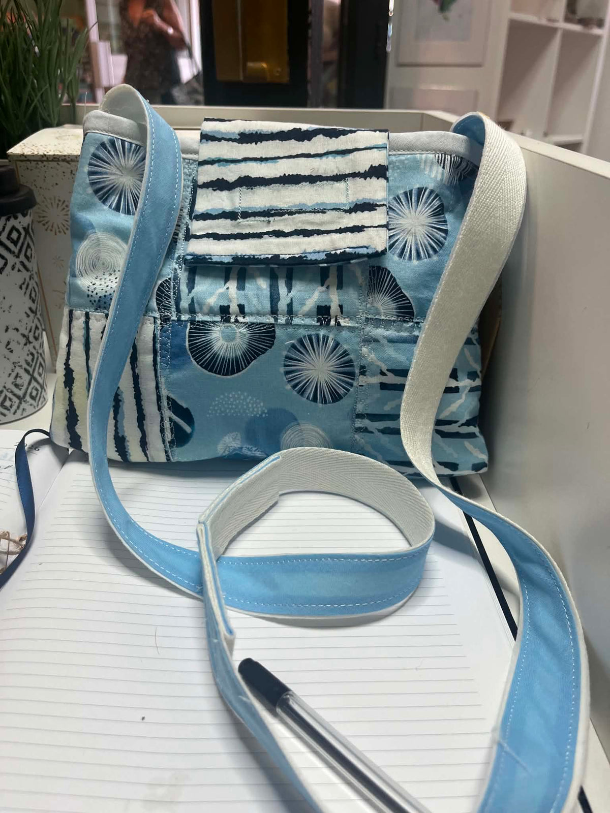 Blue and white patchwork crossbody bag