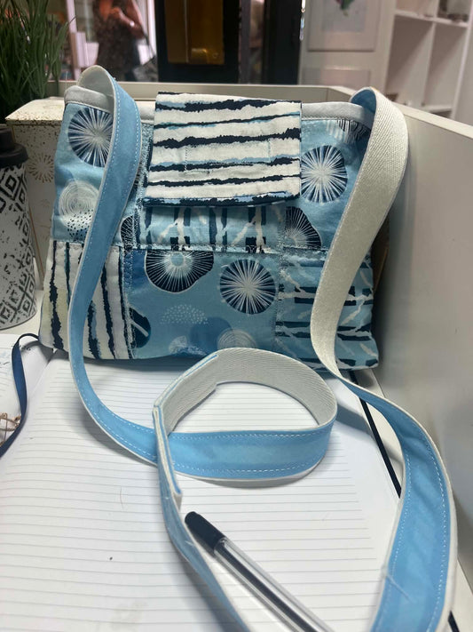 Blue and white patchwork crossbody bag