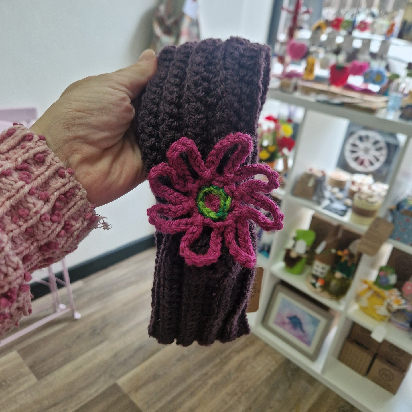 Large plum purple twist earwarmer with flower PT098